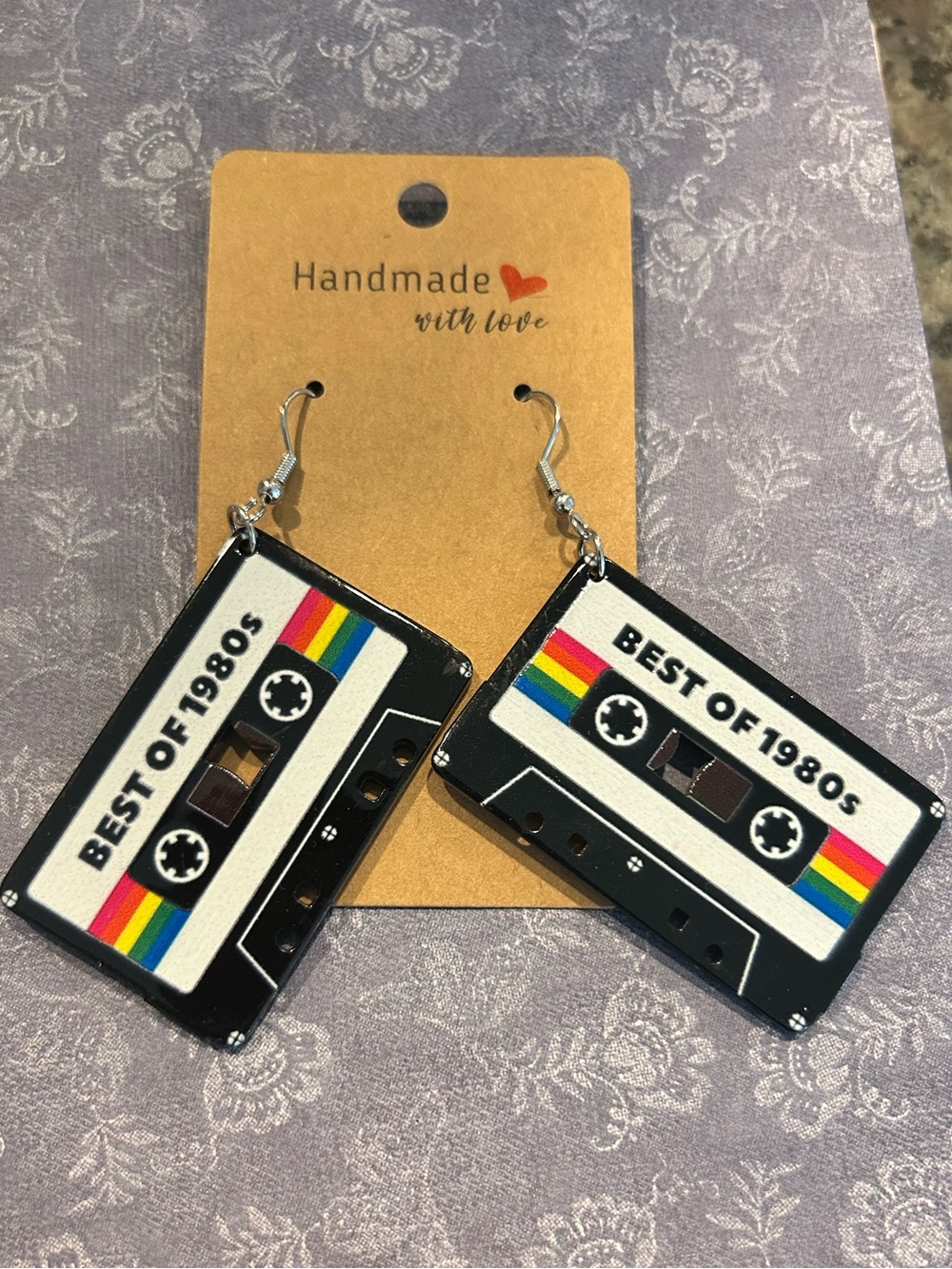 Retro 'Best of 1980s' Cassette Tape Dangle Earrings - Black with Rainbow Stripes